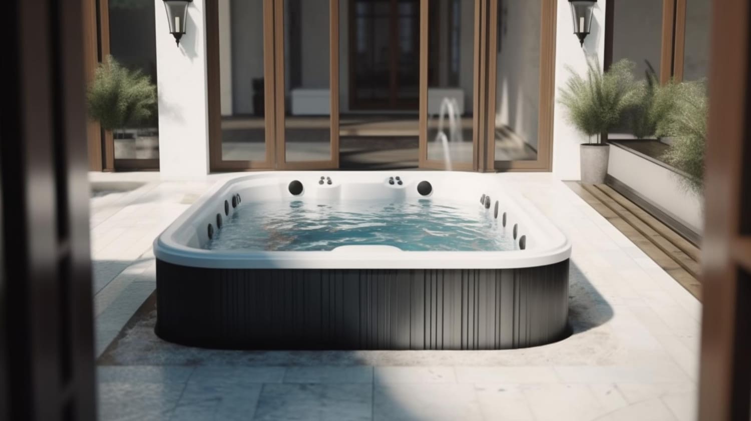 Eleganter Whirlpool im Innenhof mit Natursteinwand